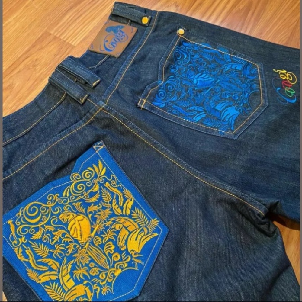 Coogi Dark Wash Parrot Patchwork Relaxed Loose Fit